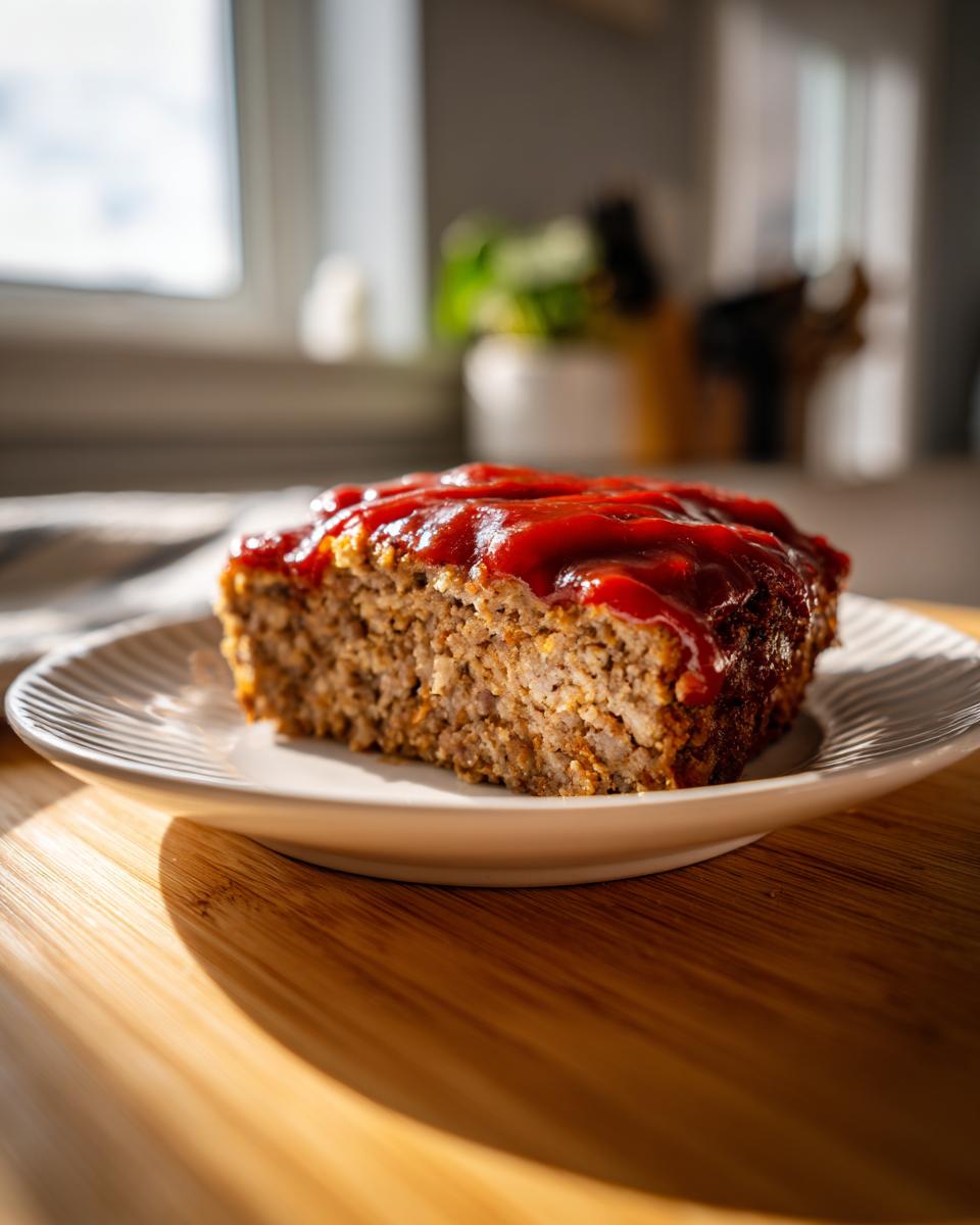 A thick slice of juicy meatloaf topped with a generous layer of bright red ketchup glaze, served on a white plate.