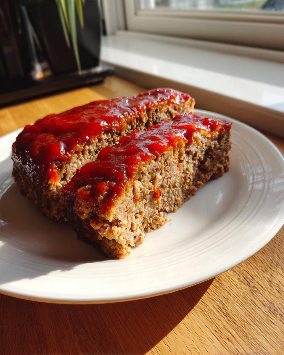 Two thick slices of juicy meatloaf topped with a shiny red glaze, served on a white plate.