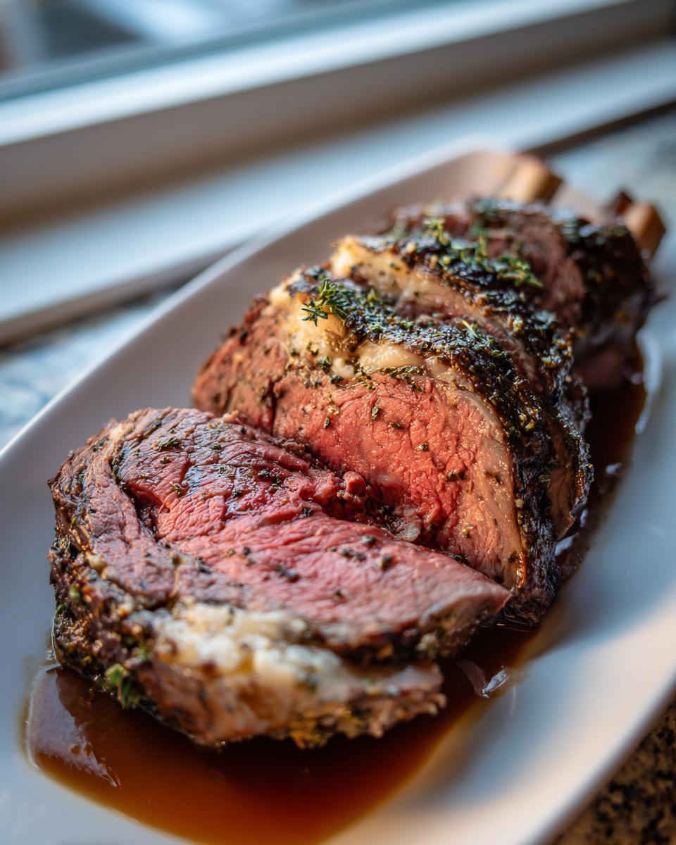 Close-up of medium-rare prime rib recipe slices resting in au jus on a white platter, seasoned with herbs.