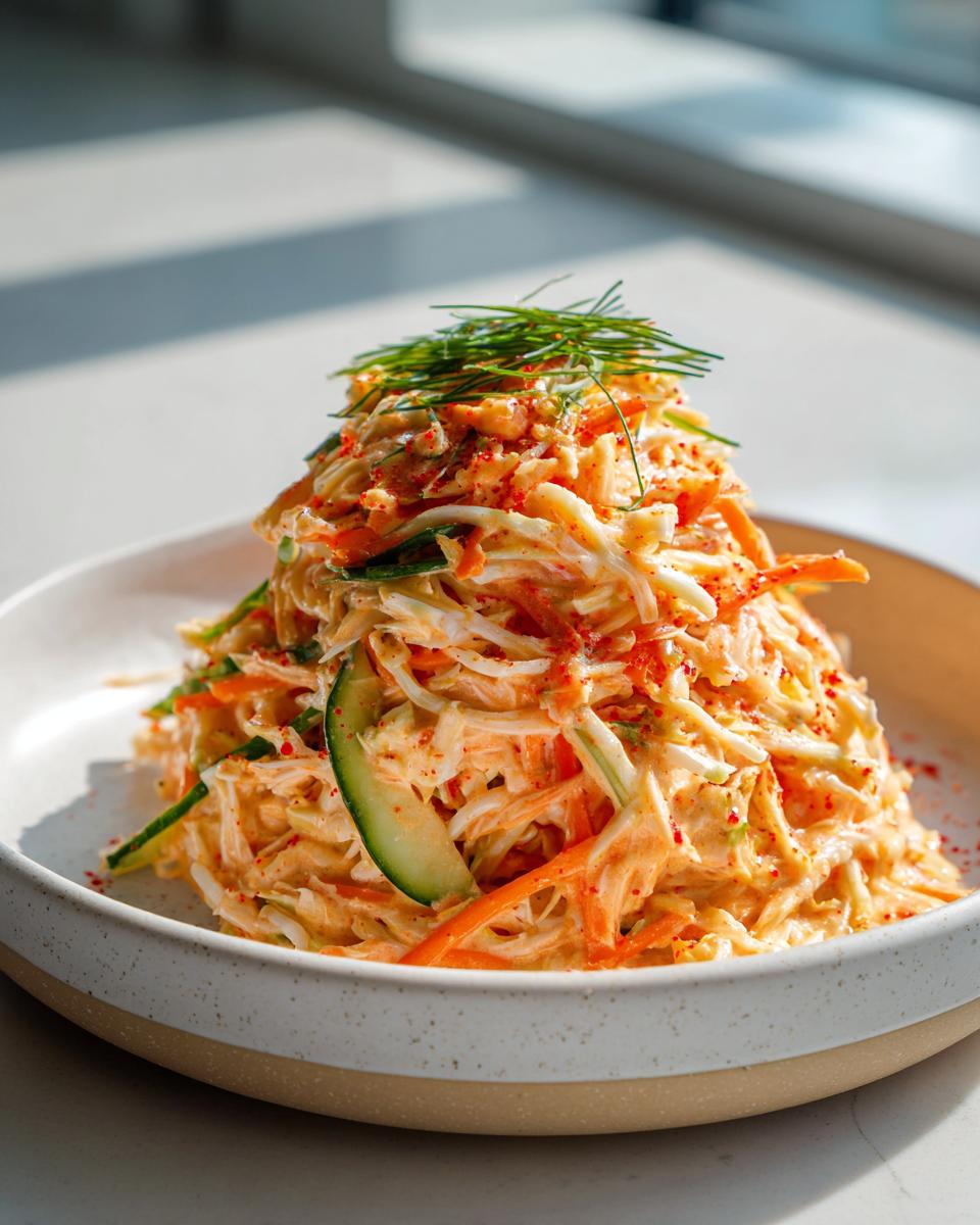 A tall mound of creamy kani salad mixed with shredded carrots and cucumber slices, garnished with chives.
