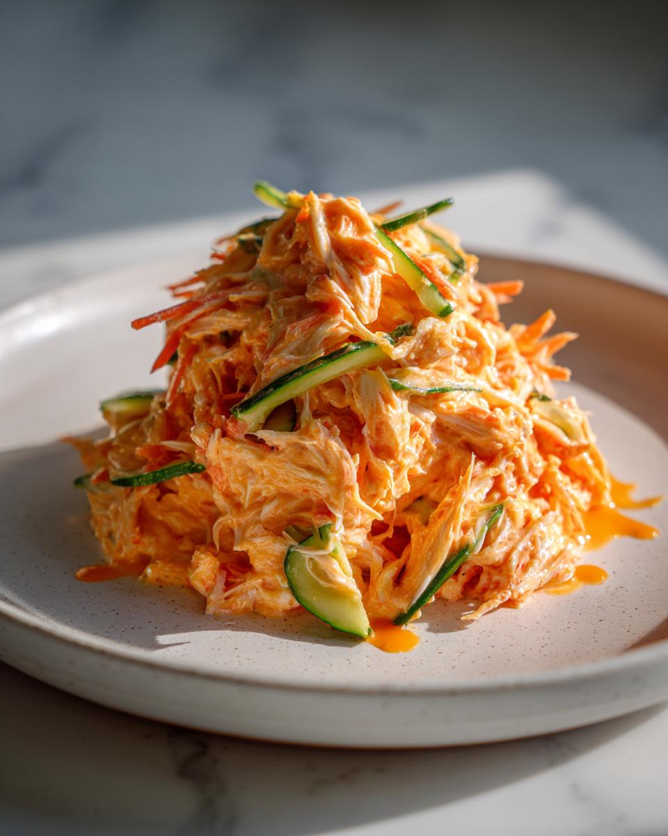 A mound of creamy, shredded kani salad mixed with orange dressing and topped with thin slices of green zucchini.