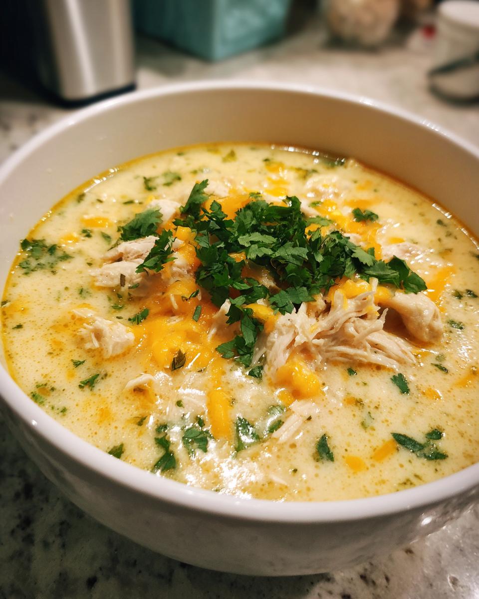 A close-up of a white bowl filled with creamy keto white chicken chili, topped with shredded chicken, cheddar cheese, and fresh cilantro.