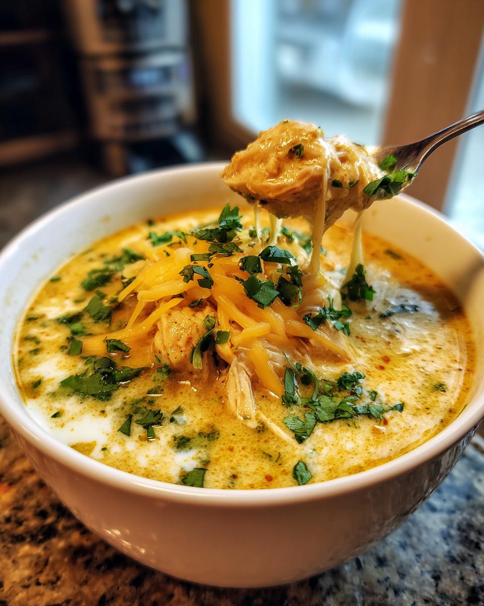 A spoonful of creamy keto white chicken chili being lifted from a bowl, showing melted cheese strings.
