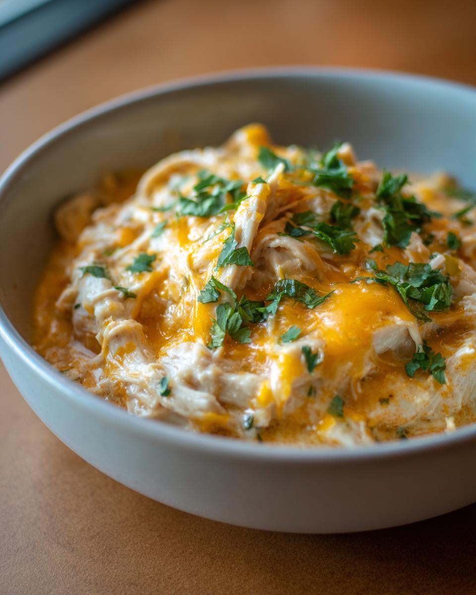 Close-up of creamy keto white chicken chili topped with melted cheddar cheese and fresh cilantro.