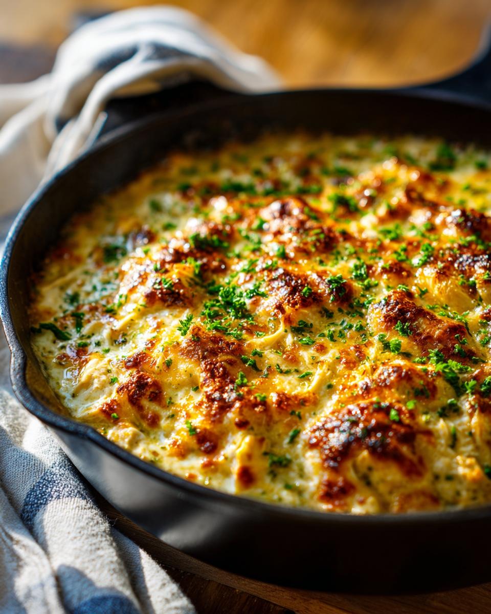 Close-up of creamy, cheesy keto white chicken chili baked until golden brown in a cast iron skillet.