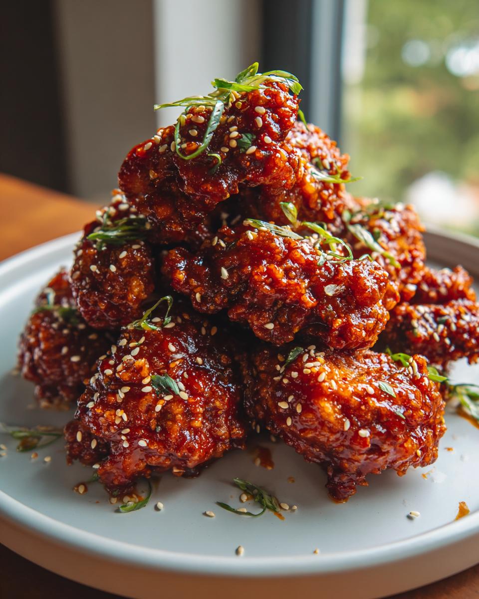 A tall stack of glossy, dark red Korean fried chicken pieces garnished with sesame seeds and sliced green onions.