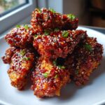 A close-up stack of glossy, saucy korean fried chicken pieces topped with sesame seeds and green onions.