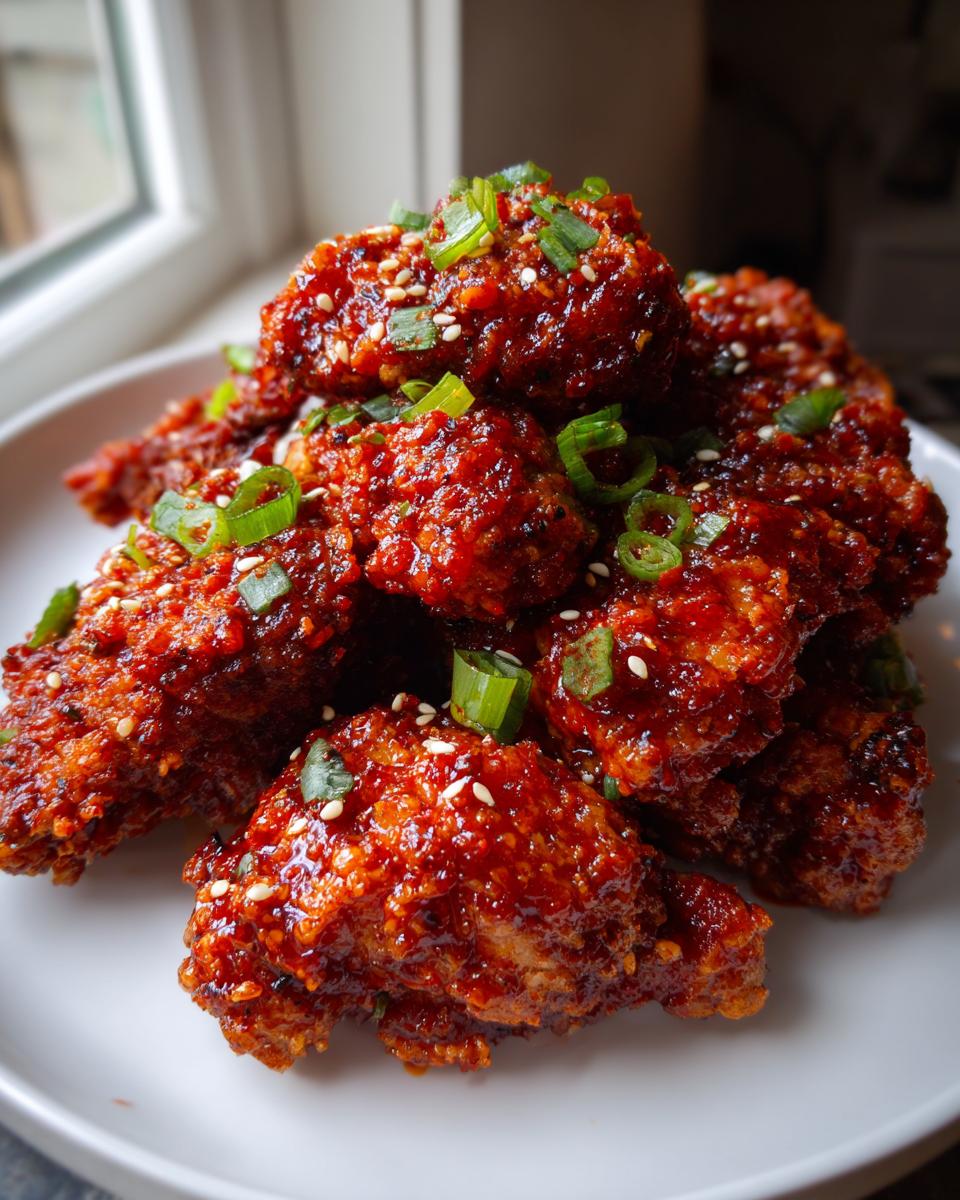 A pile of crispy, glossy Korean fried chicken pieces coated in a spicy red glaze, topped with sesame seeds and chopped green onions.