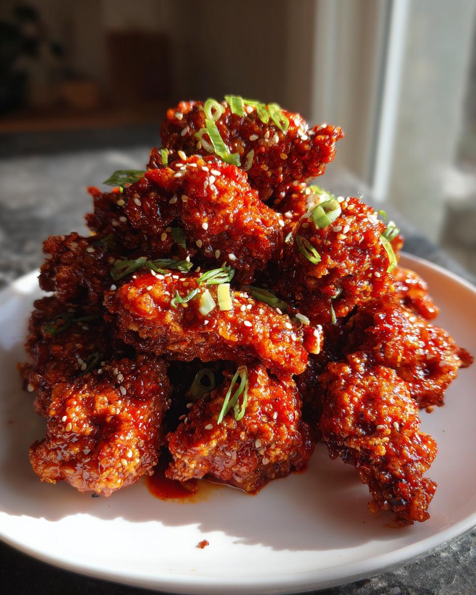 A tall stack of crispy korean fried chicken coated in a glossy red sauce, sprinkled with sesame seeds and scallions.