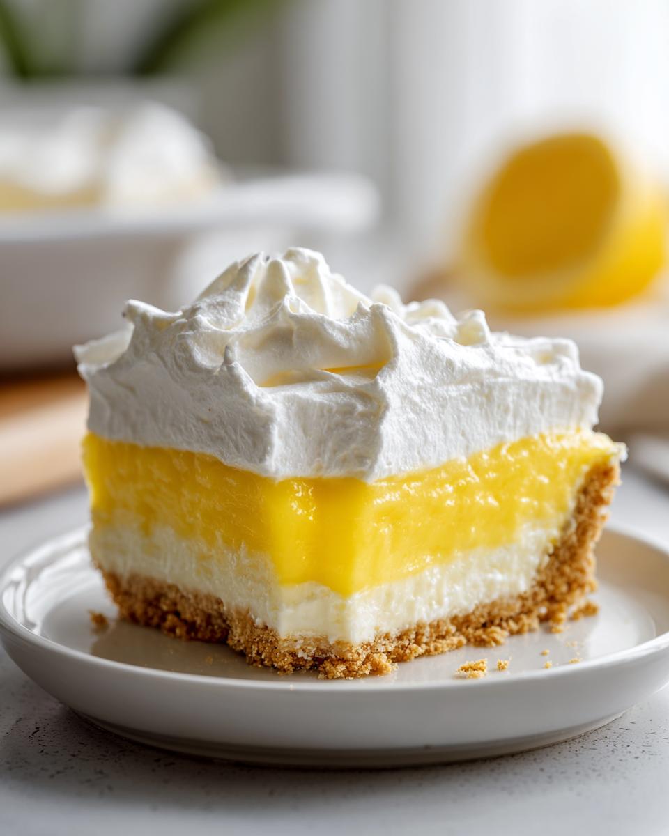 Close-up of a layered slice of lemon pie featuring a graham cracker crust, cream cheese layer, bright yellow lemon filling, and thick whipped cream.