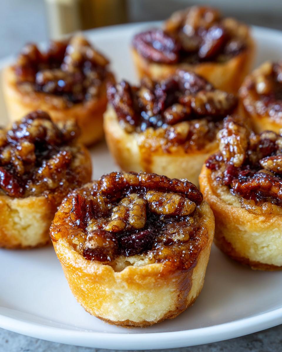 A close-up view of several golden-brown pecan tassies with sticky, caramelized pecan topping on a white plate.