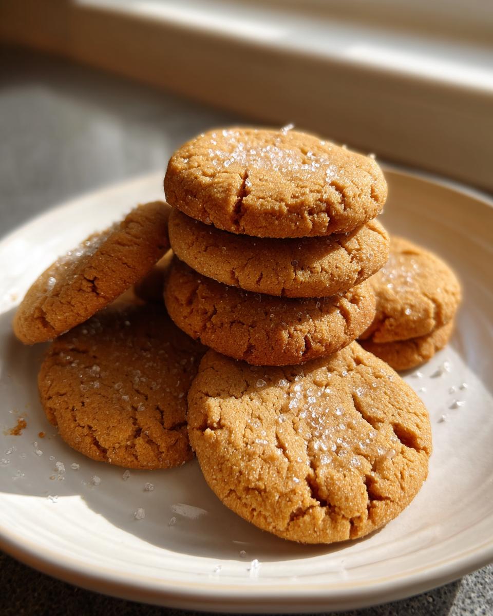 A stack of golden brown maple brown sugar cookies topped with coarse sugar crystals on a light plate.