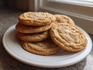 A stack of freshly baked maple brown sugar cookies sprinkled with coarse sugar, resting on a white plate.