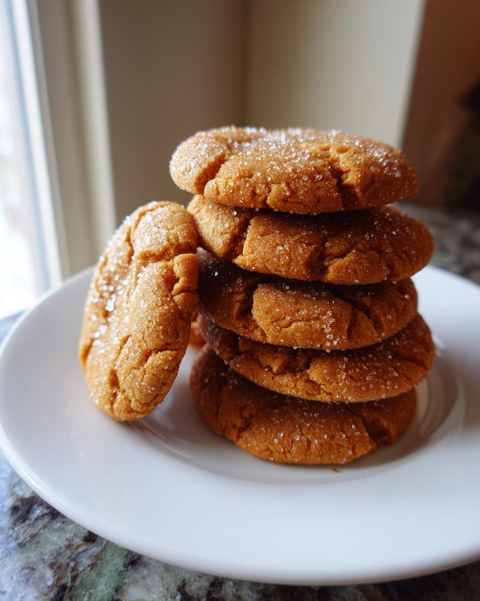 A stack of five soft, crinkled maple brown sugar cookies, dusted with sparkling sugar, resting on a white plate.