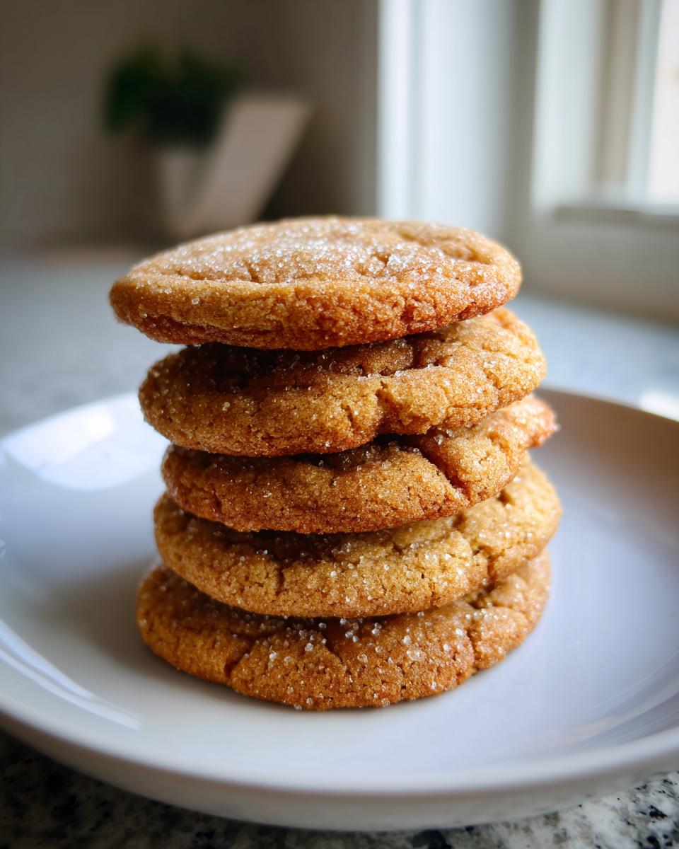 A stack of four chewy maple brown sugar cookies rolled in coarse sugar, sitting on a white plate.