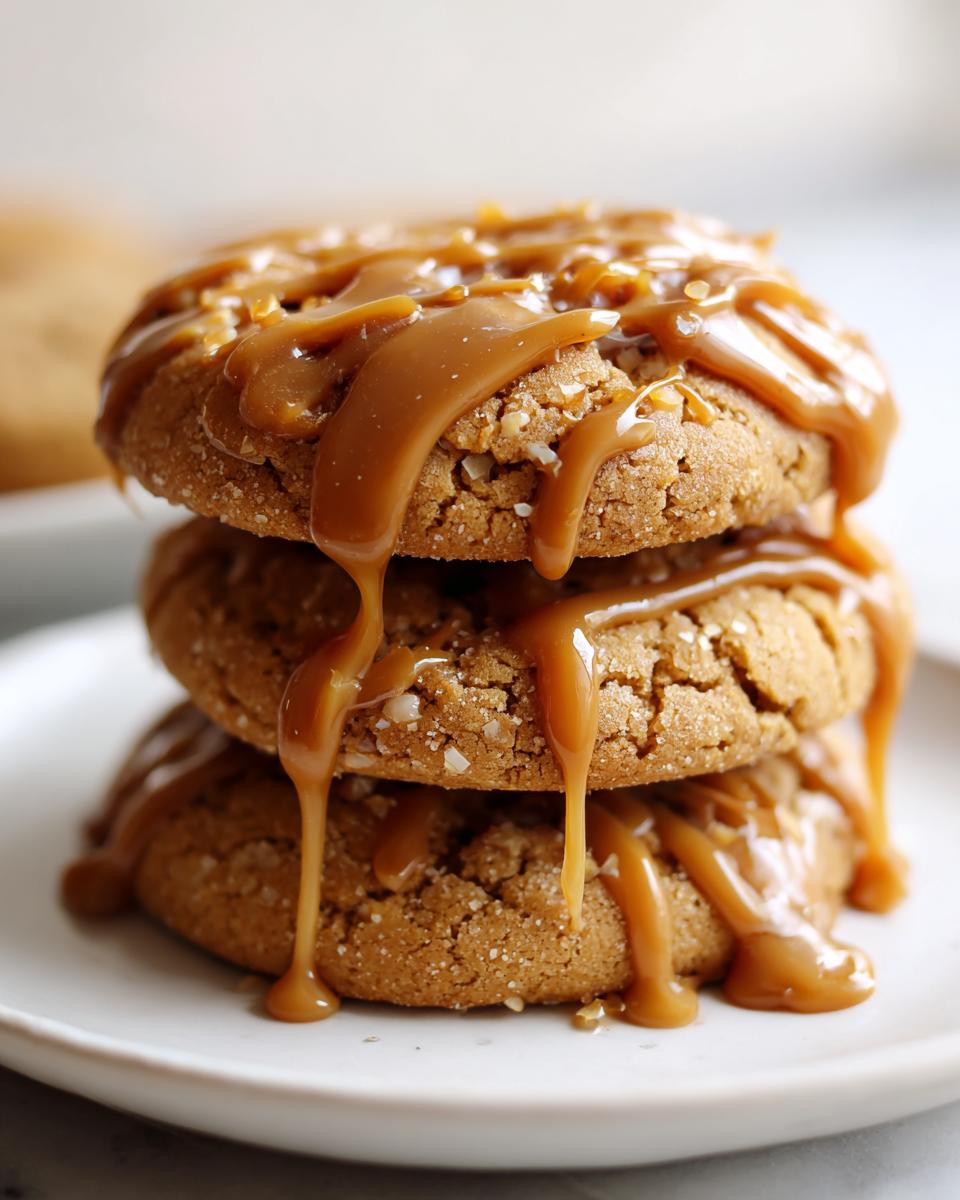 Close-up of three stacked maple cookies generously drizzled with thick, dripping caramel icing.