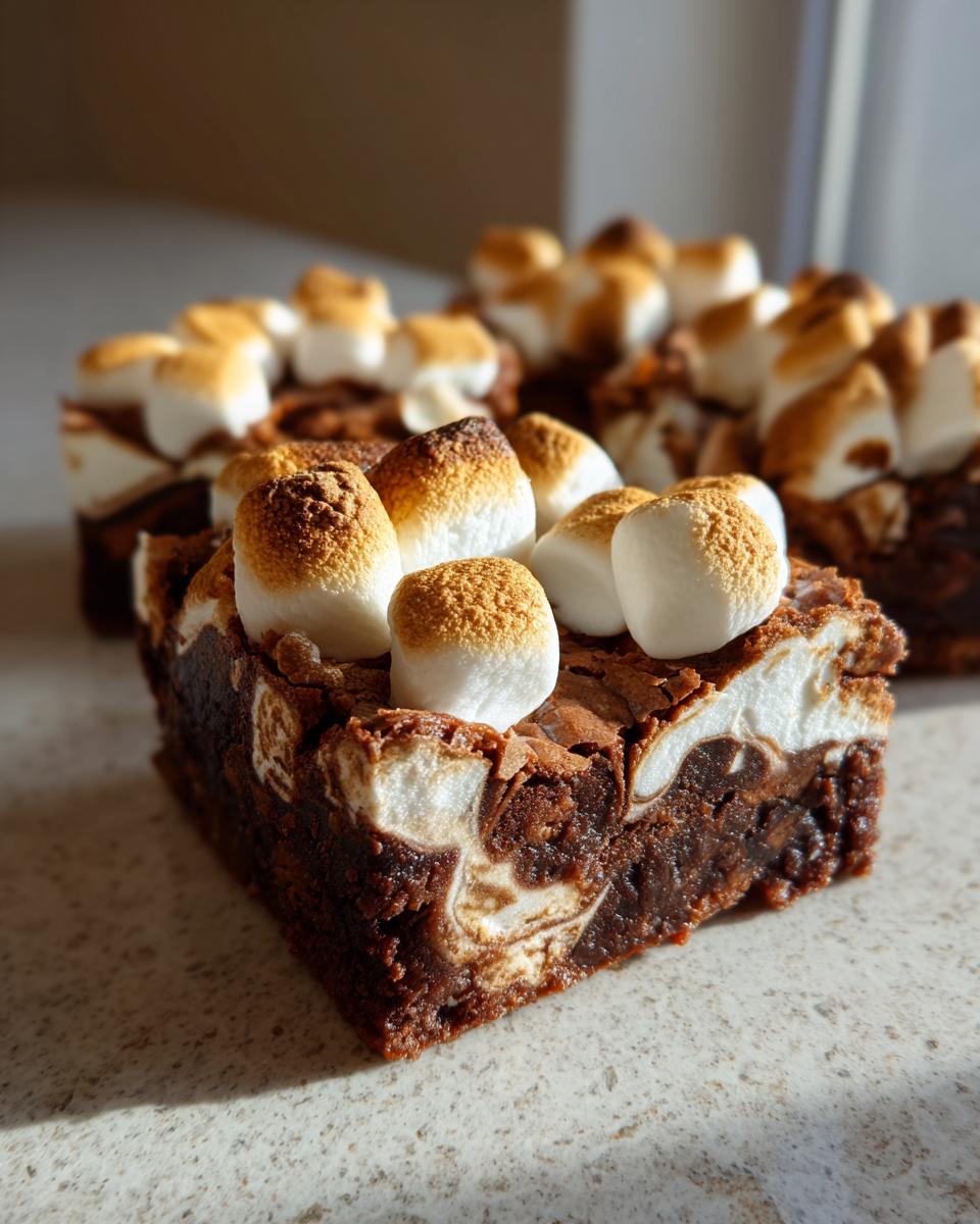 A close-up of a rich, fudgy hot chocolate brownies square topped with toasted marshmallows.