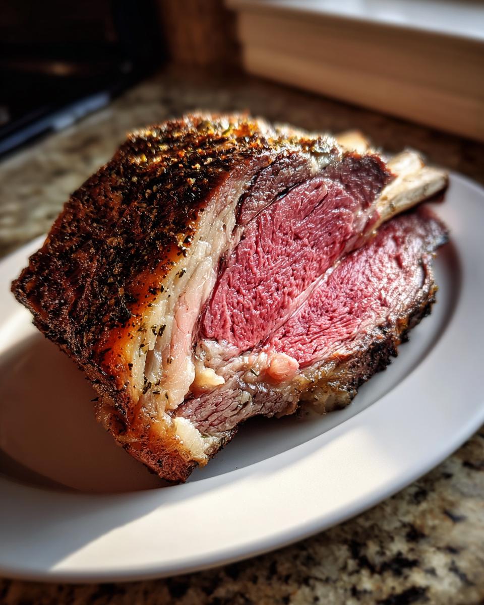 Close-up of a medium-rare standing rib roast slice showing a deep red interior and seasoned, dark crust.