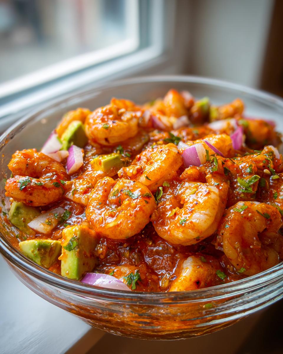 Close-up of vibrant Mexican shrimp cocktail featuring plump shrimp in a rich red sauce with chunks of avocado and red onion.