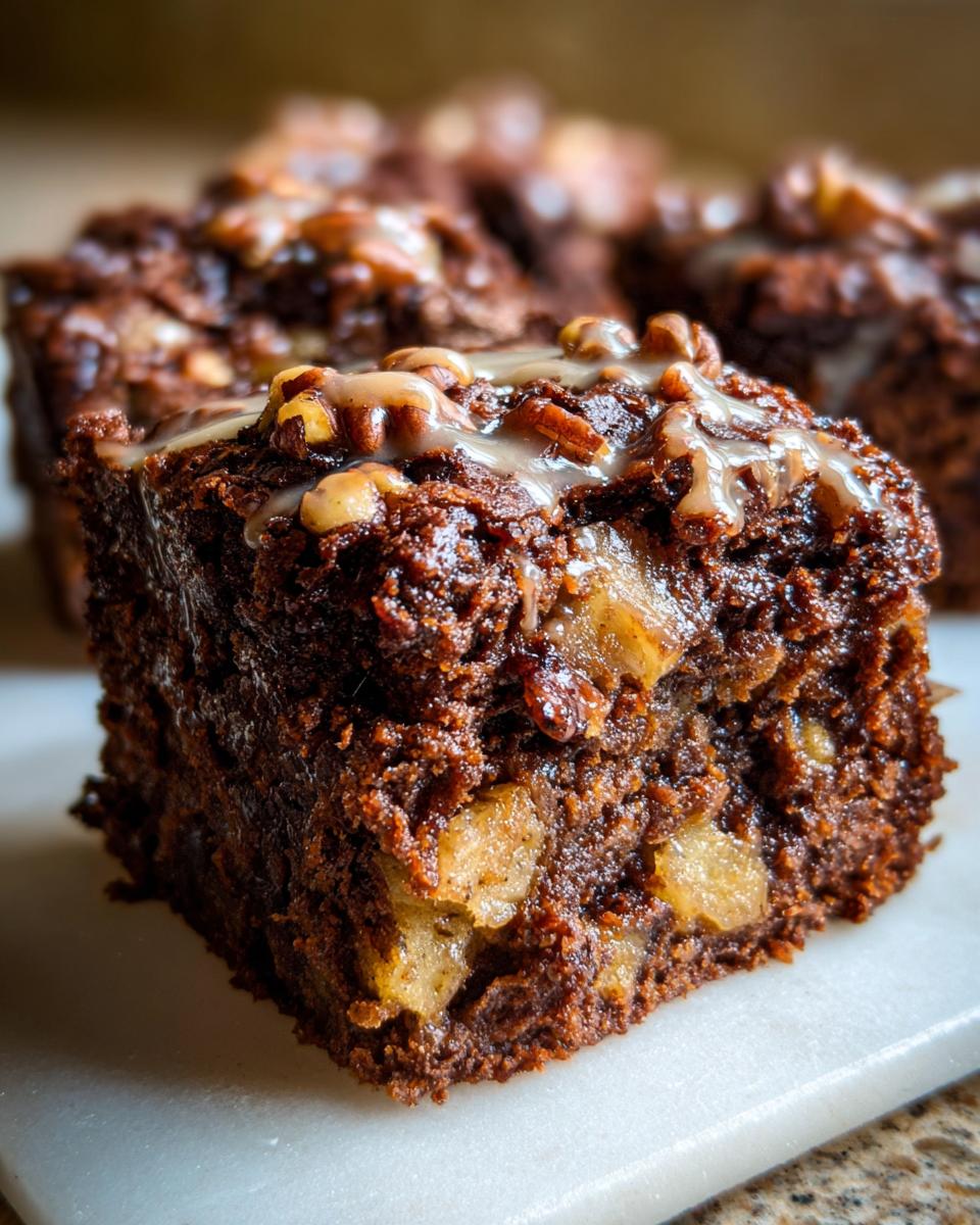 Close-up of a rich, dark chocolate apple brownies square topped with walnuts and a light caramel drizzle.