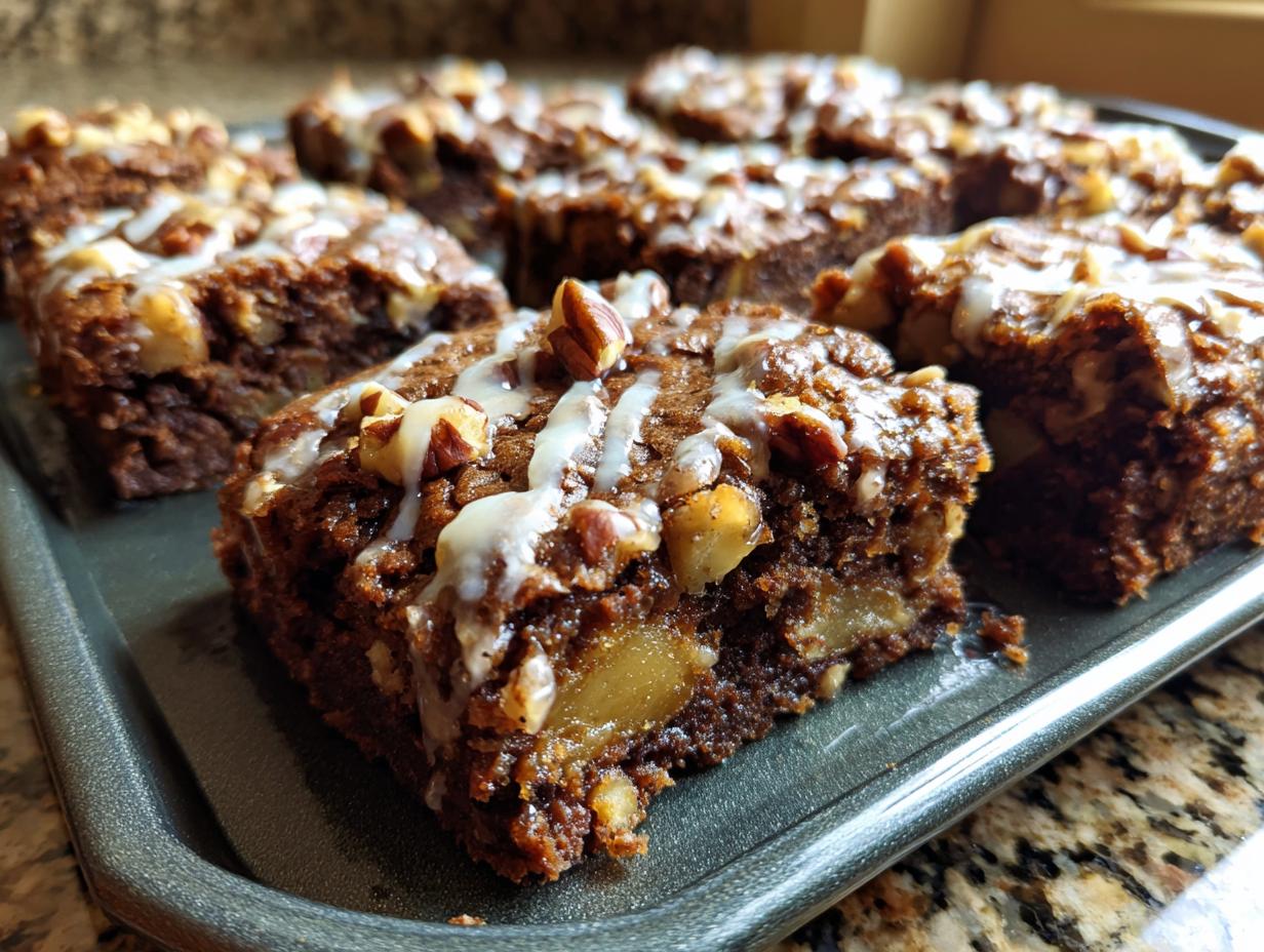 Close-up of rich, dark apple brownies topped with chopped nuts and a white glaze drizzle.