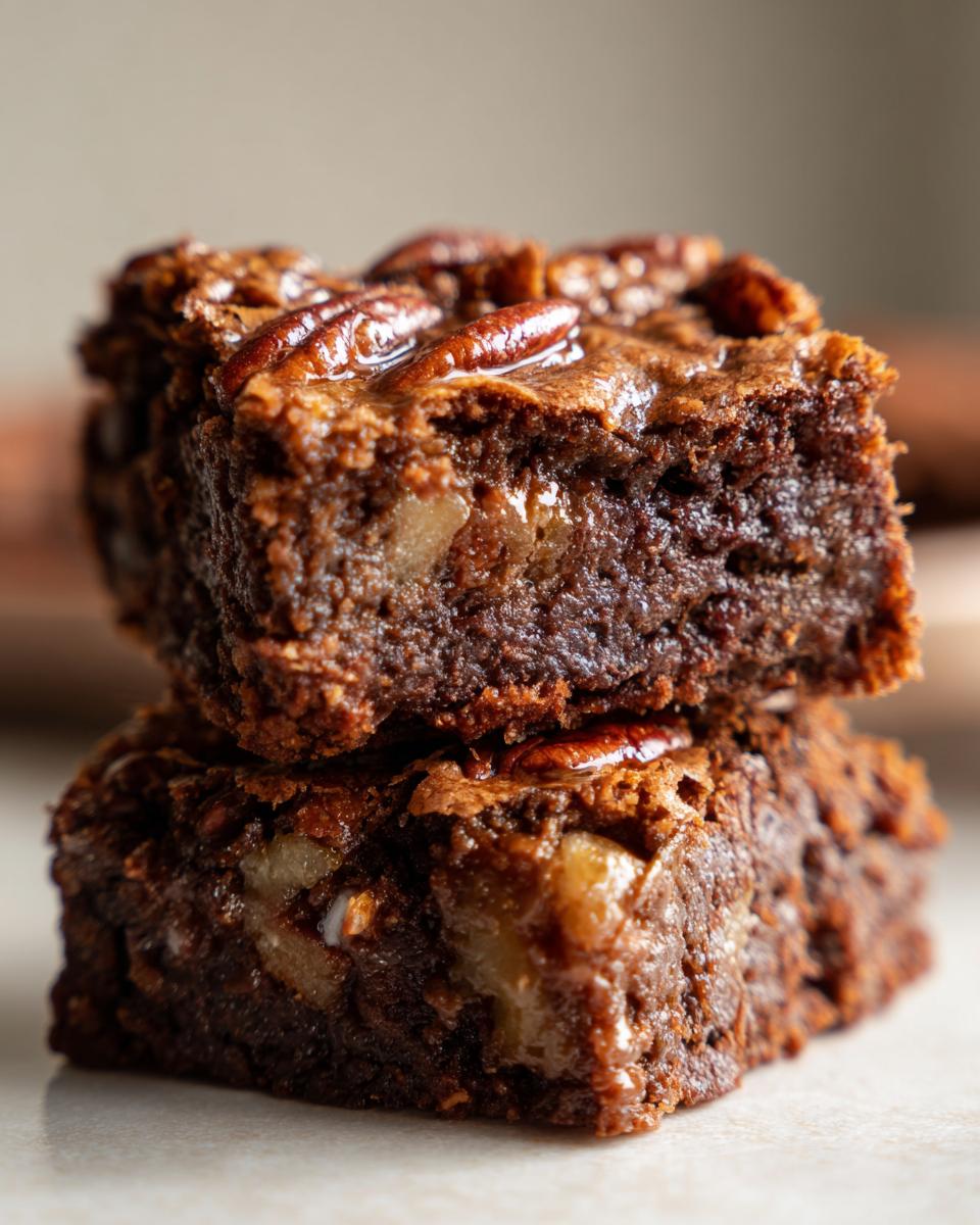 Close-up of two stacked, moist apple brownies, topped with glazed pecans.