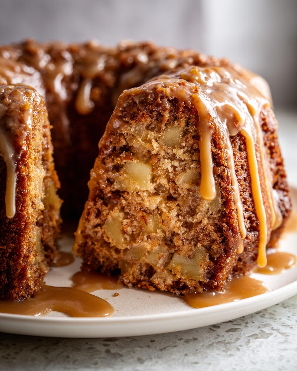 A moist slice of apple bundt cake filled with chunks of apple, topped with a thick caramel glaze.
