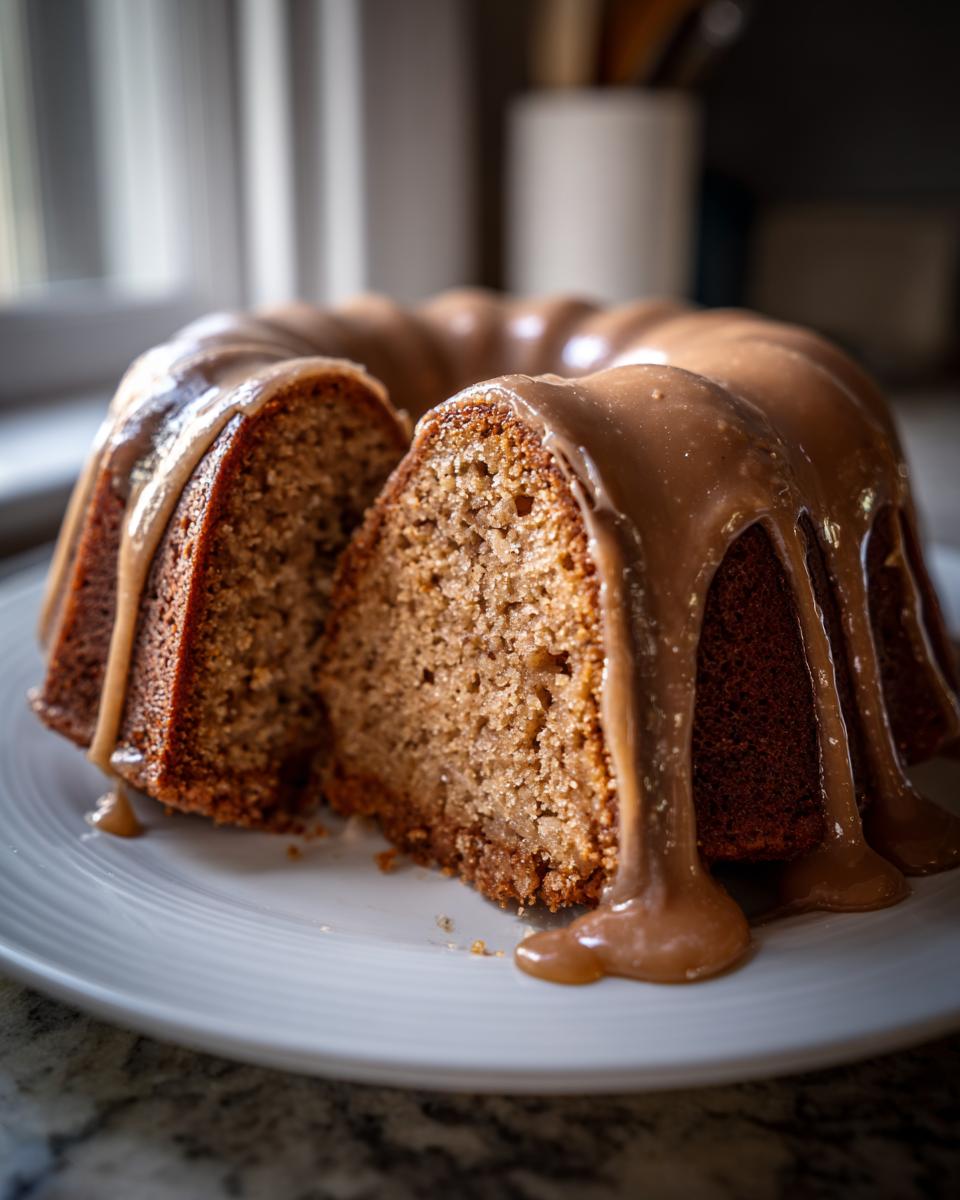 Close-up of a moist apple bundt cake with a thick caramel glaze dripping down the sides, a slice cut out.