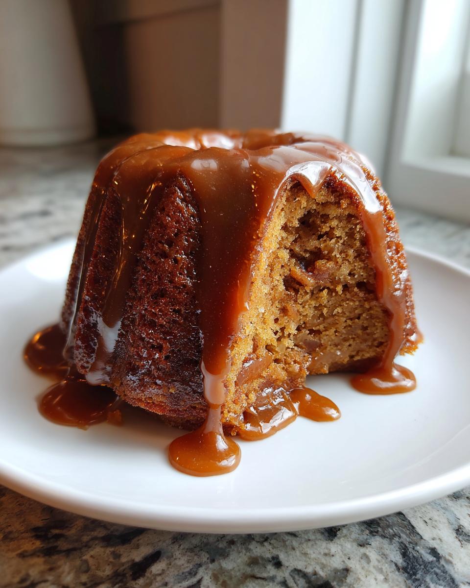 Close-up of a small, moist apple bundt cake slice covered in thick caramel sauce dripping onto a white plate.