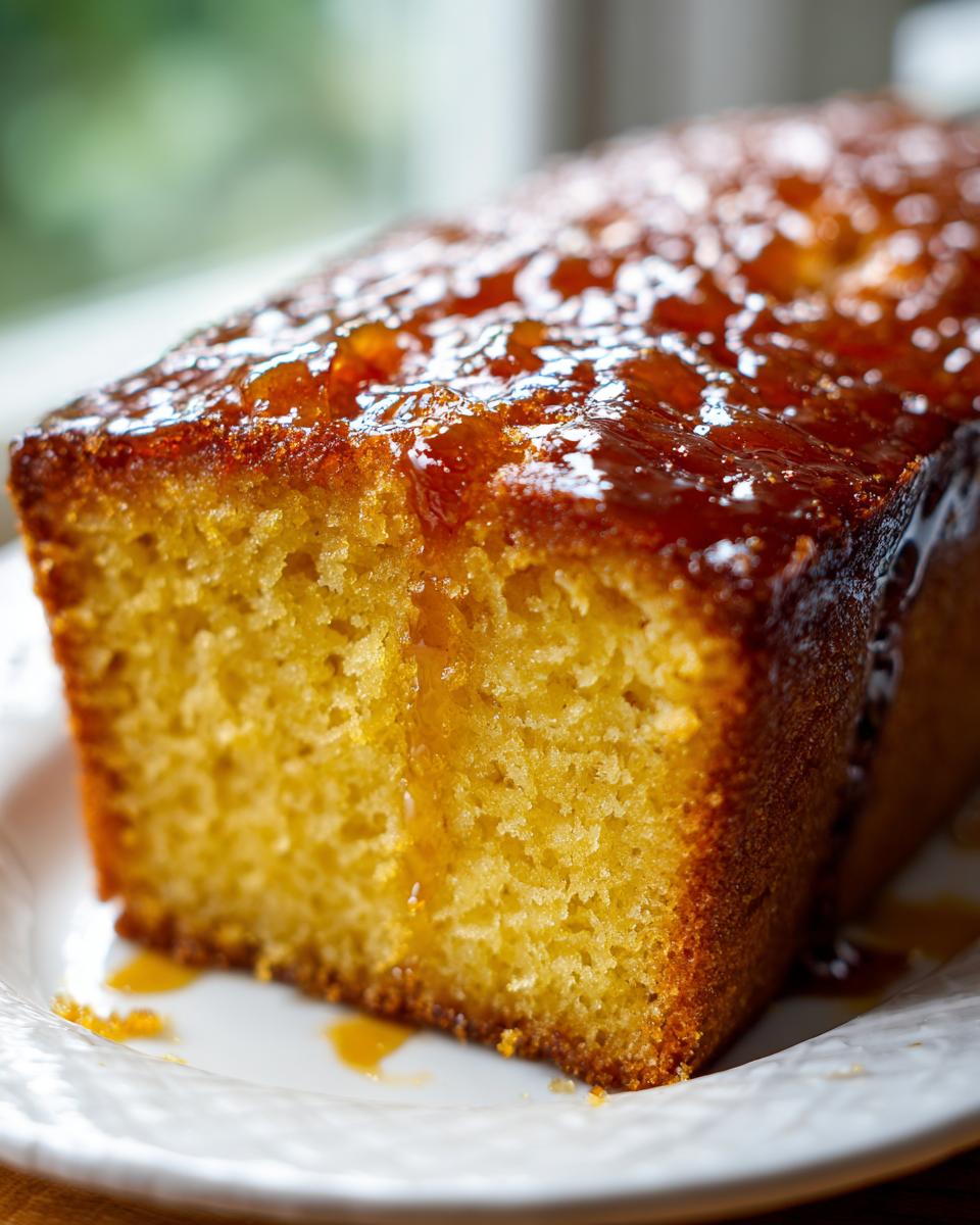 Close-up of a moist slice of golden bacardi rum cake topped with a shiny, dark rum glaze.