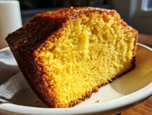 Close-up of a vibrant yellow slice of moist bacardi rum cake showing its dense crumb and glazed, dark crust.