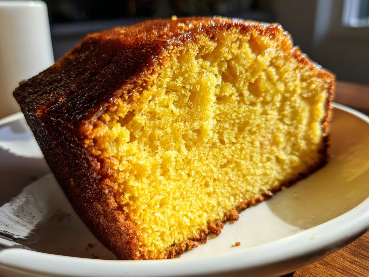 Close-up of a vibrant yellow slice of moist bacardi rum cake showing its dense crumb and glazed, dark crust.