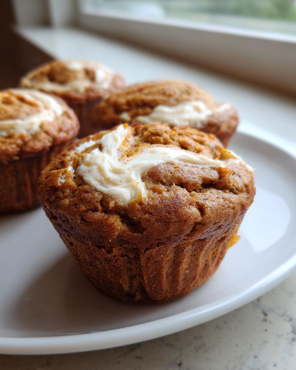 Close-up of a moist carrot cake muffin topped with a swirl of cream cheese frosting on a white plate.