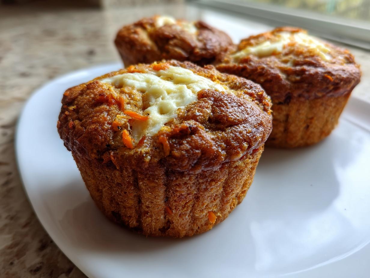 Three moist carrot cake muffins with a cream cheese swirl topping resting on a white plate.