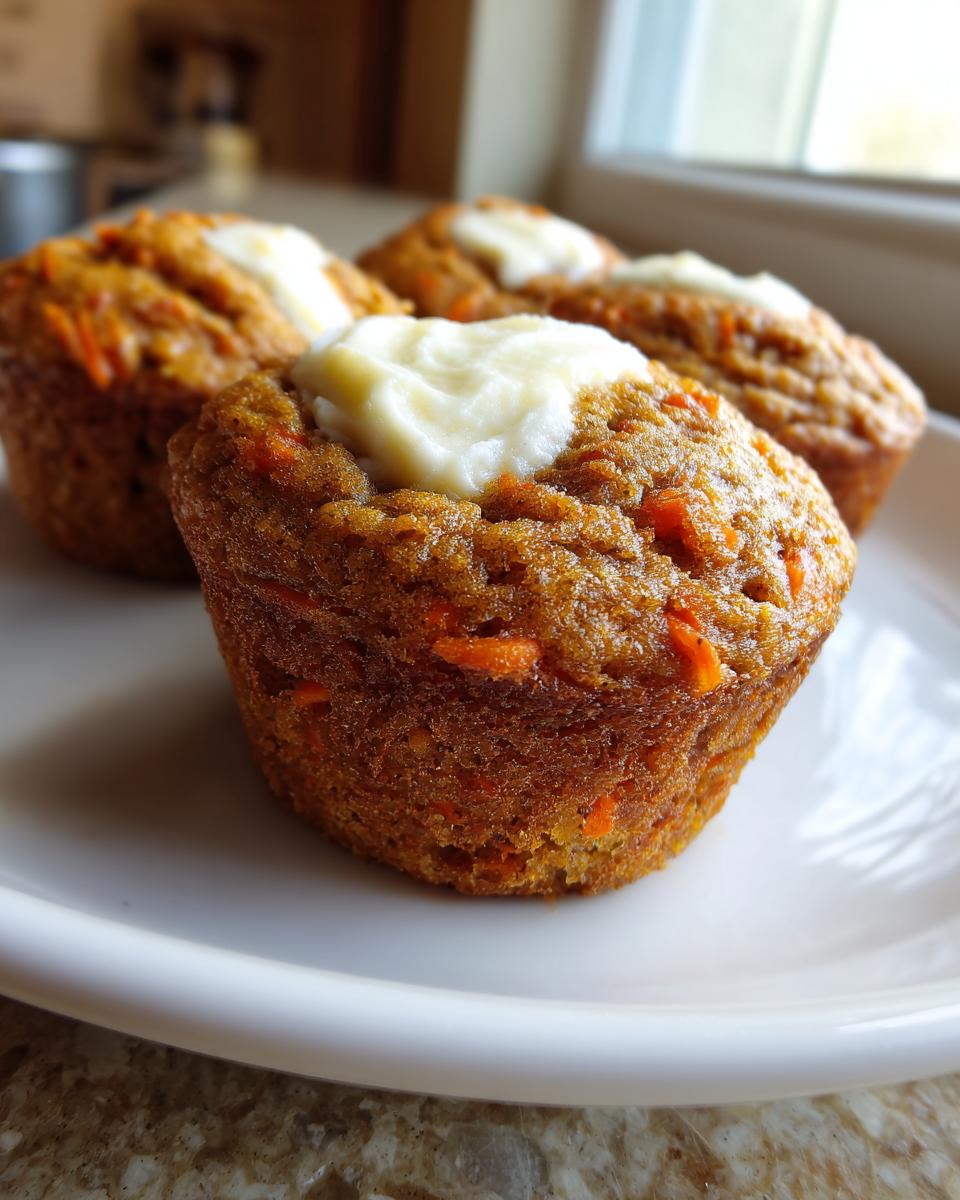 Close-up of four moist carrot cake muffins topped with a dollop of cream cheese frosting, sitting on a white plate.