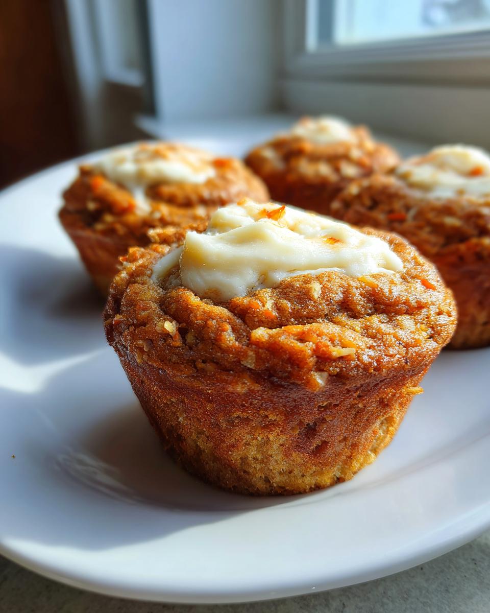 A close-up shot of several moist carrot cake muffins topped with a dollop of cream cheese frosting, sitting on a white plate.