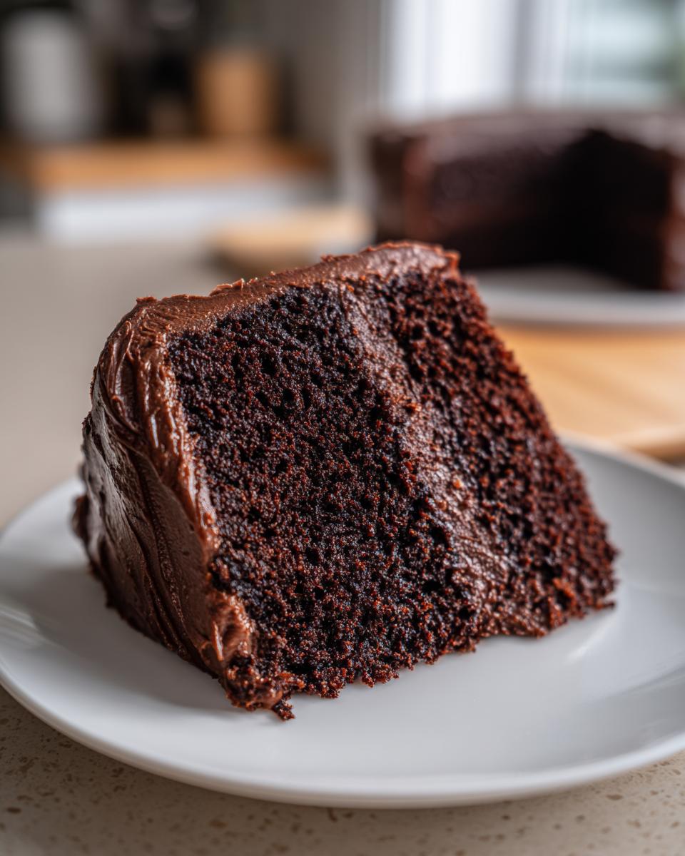 Close-up of a thick, moist slice of dark chocolate cake covered in rich chocolate frosting on a white plate.