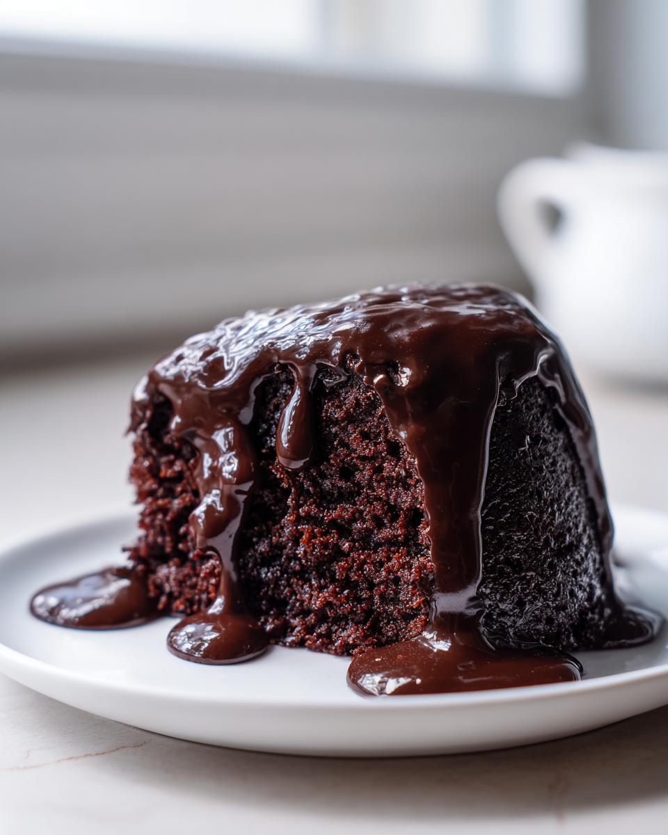 A close-up of a rich slice of moist chocolate cake generously covered in dripping dark chocolate fudge sauce.