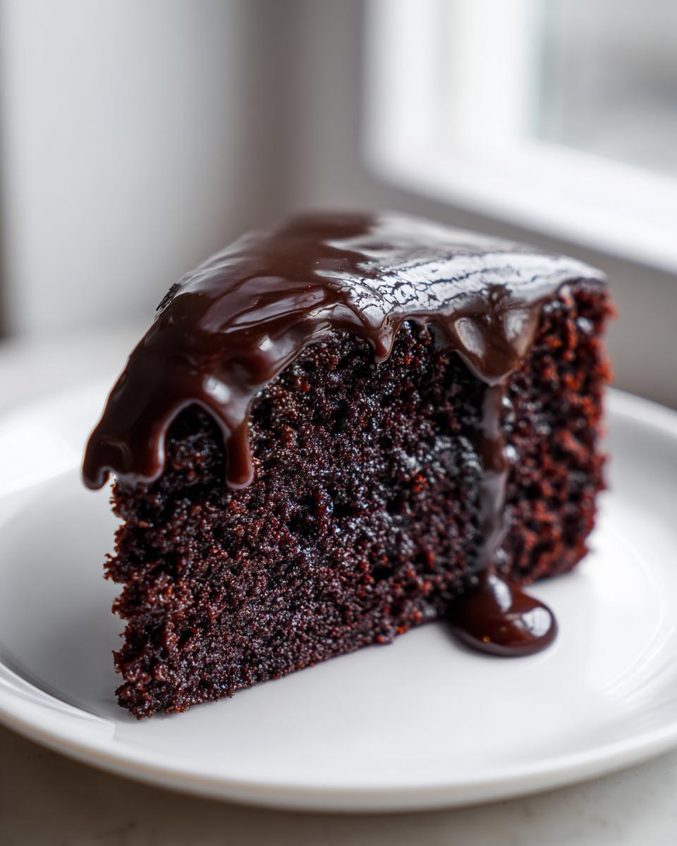 A close-up of a slice of moist chocolate cake topped with dripping dark chocolate ganache.