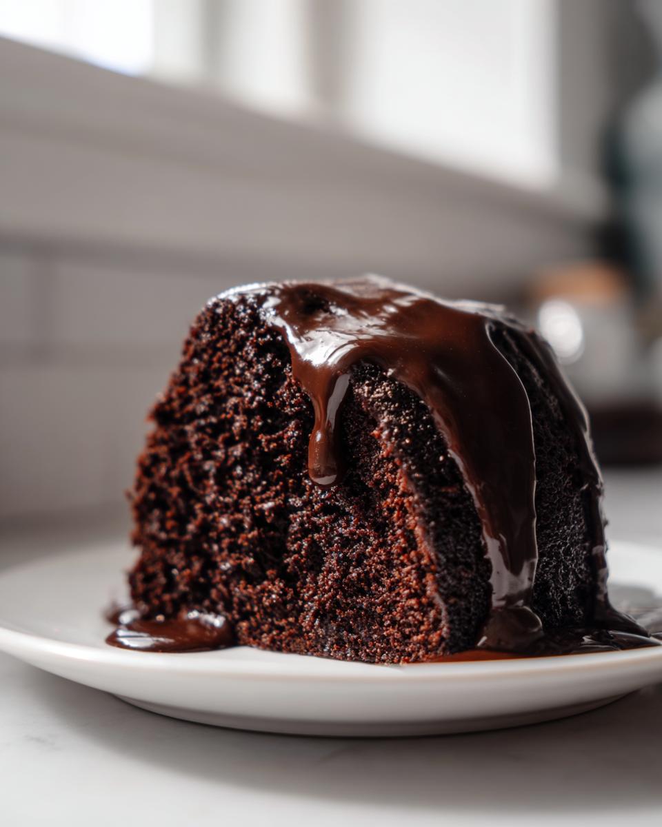A close-up of a rich, dark slice of moist chocolate cake topped with dripping chocolate fudge sauce.