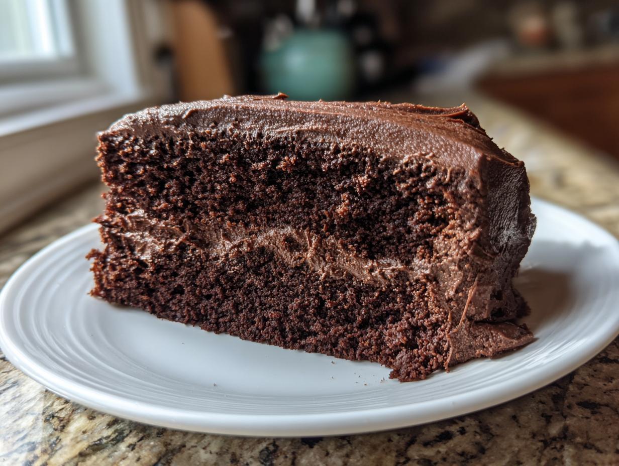 A thick slice of moist chocolate cake layered with rich chocolate frosting, served on a white plate.