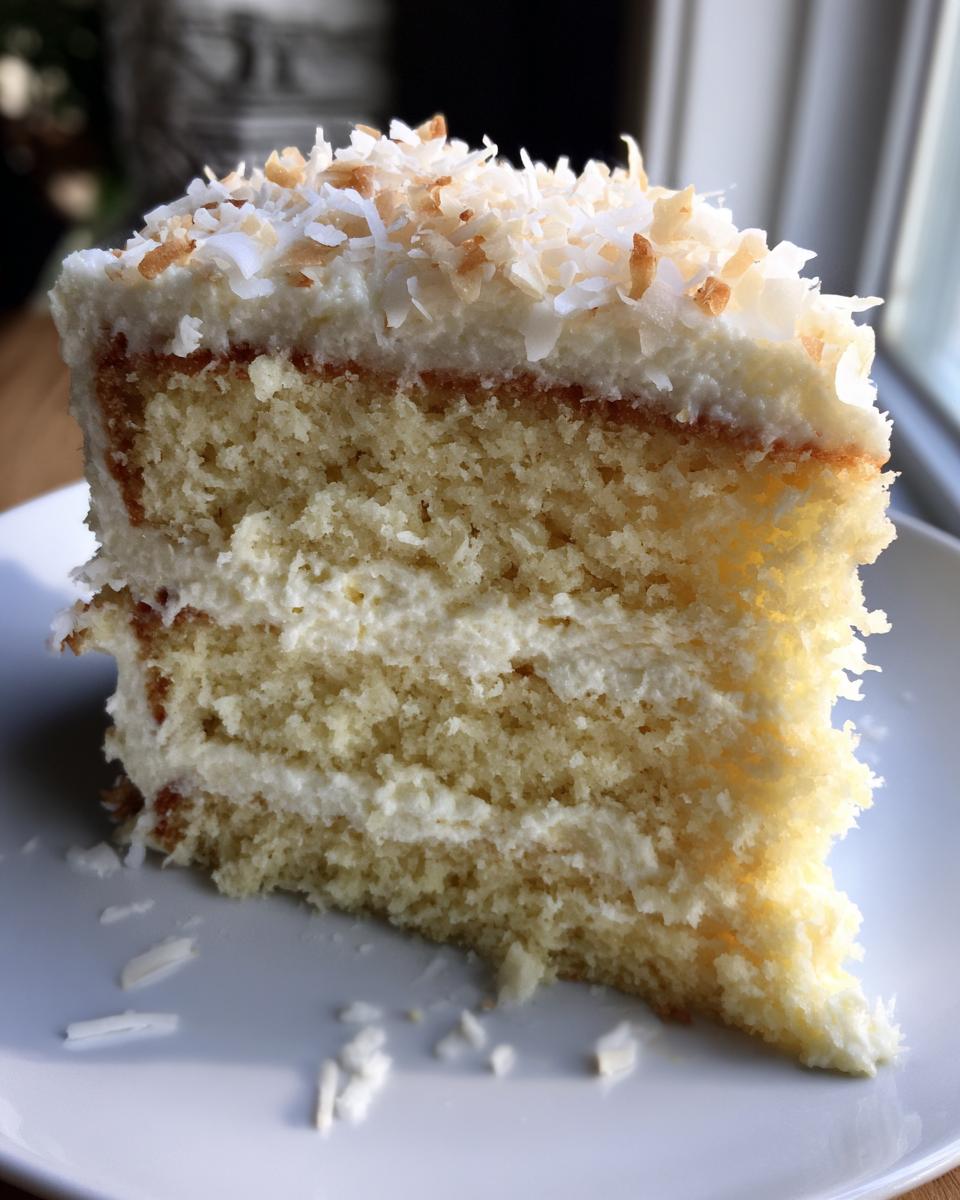 Close-up of a moist slice of coconut cake recipe, layered with white frosting and topped with toasted coconut flakes.