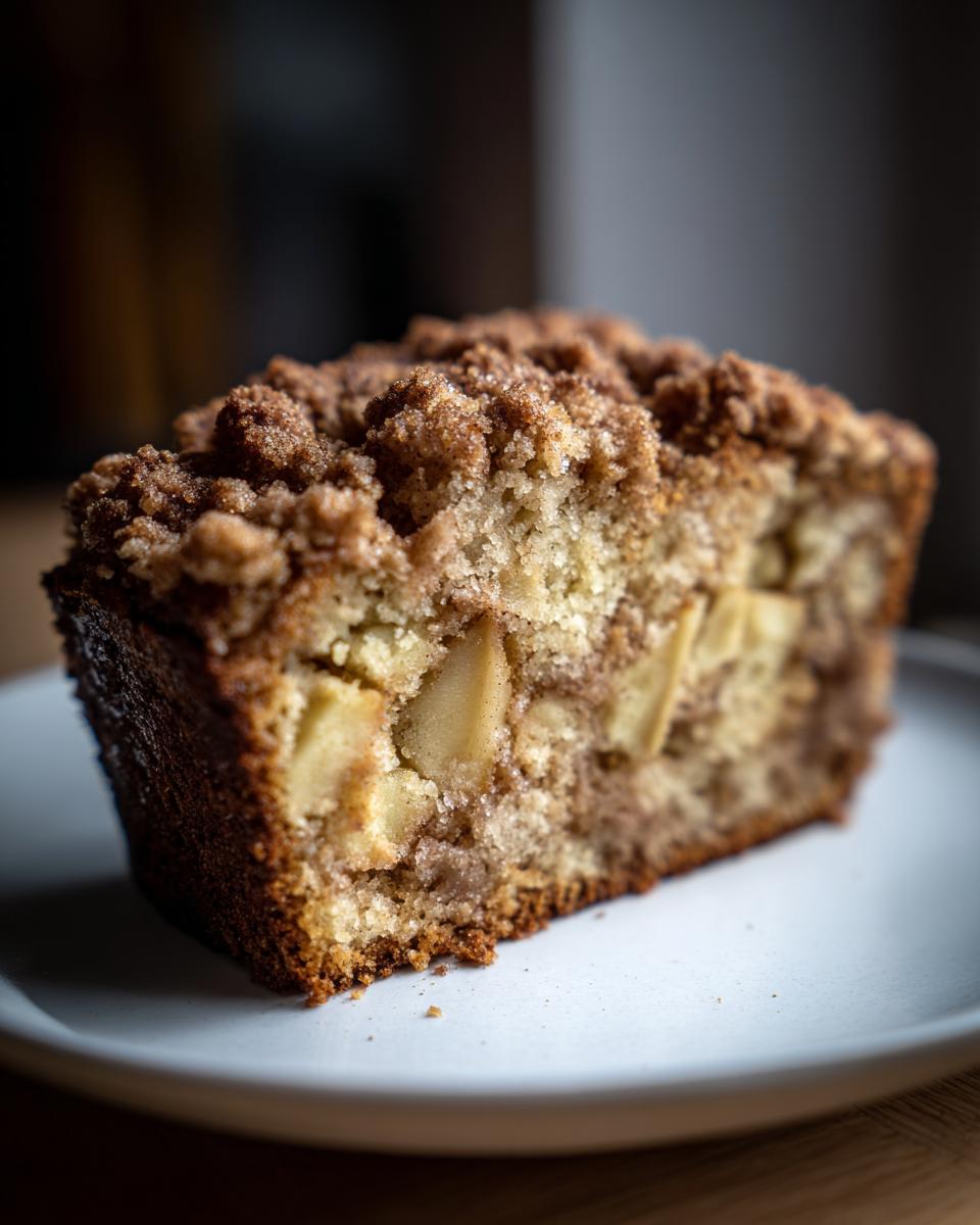 Close-up of a moist slice of jewish apple cake featuring visible apple chunks and a thick cinnamon streusel topping.