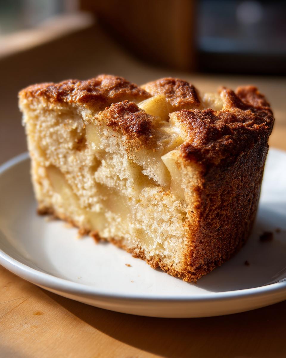 Close-up of a moist slice of jewish apple cake showing tender crumb and baked apple pieces.