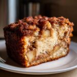 Close-up of a moist slice of jewish apple cake showing chunks of apple and a cinnamon streusel topping.