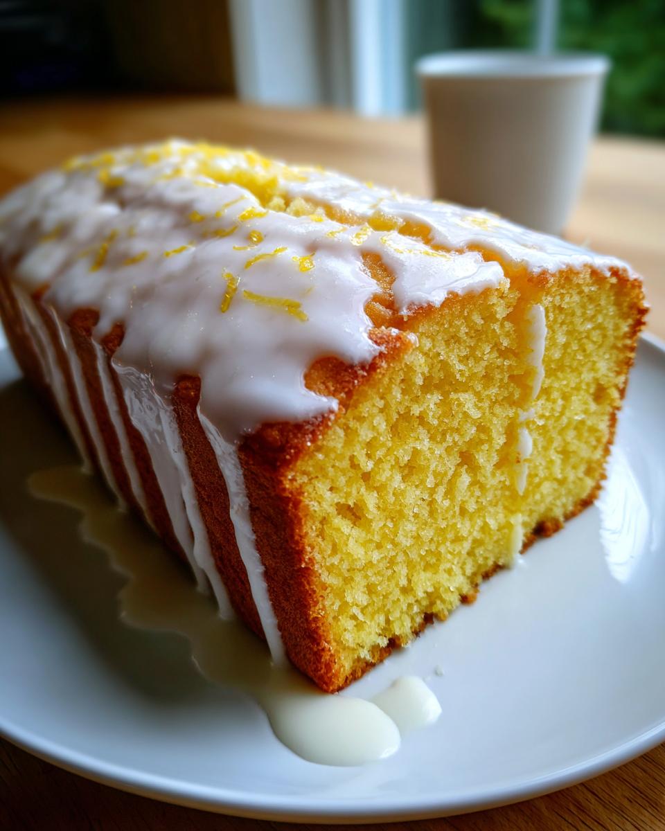 A close-up of a freshly baked, moist lemon loaf drizzled with white icing and topped with lemon zest.