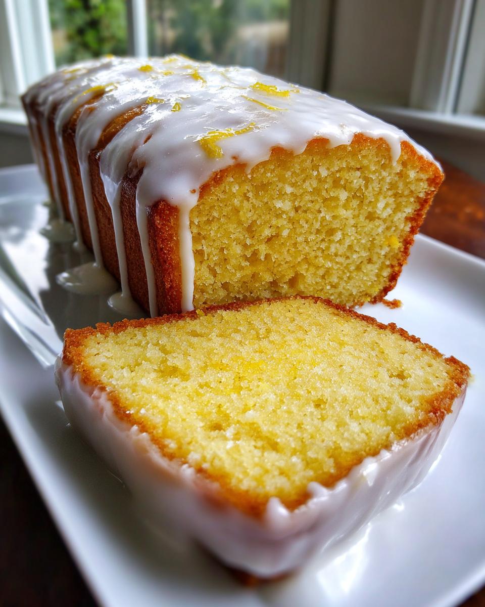 A close-up of a moist, yellow lemon loaf cake with thick white glaze dripping down the sides and lemon zest sprinkled on top.