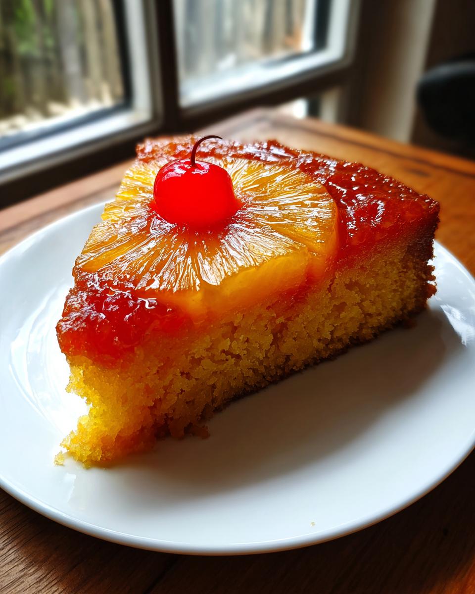 A moist slice of pineapple upside down cake topped with a caramelized pineapple ring and a bright red maraschino cherry.