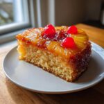 A moist slice of pineapple upside down cake topped with caramelized pineapple rings and maraschino cherries.