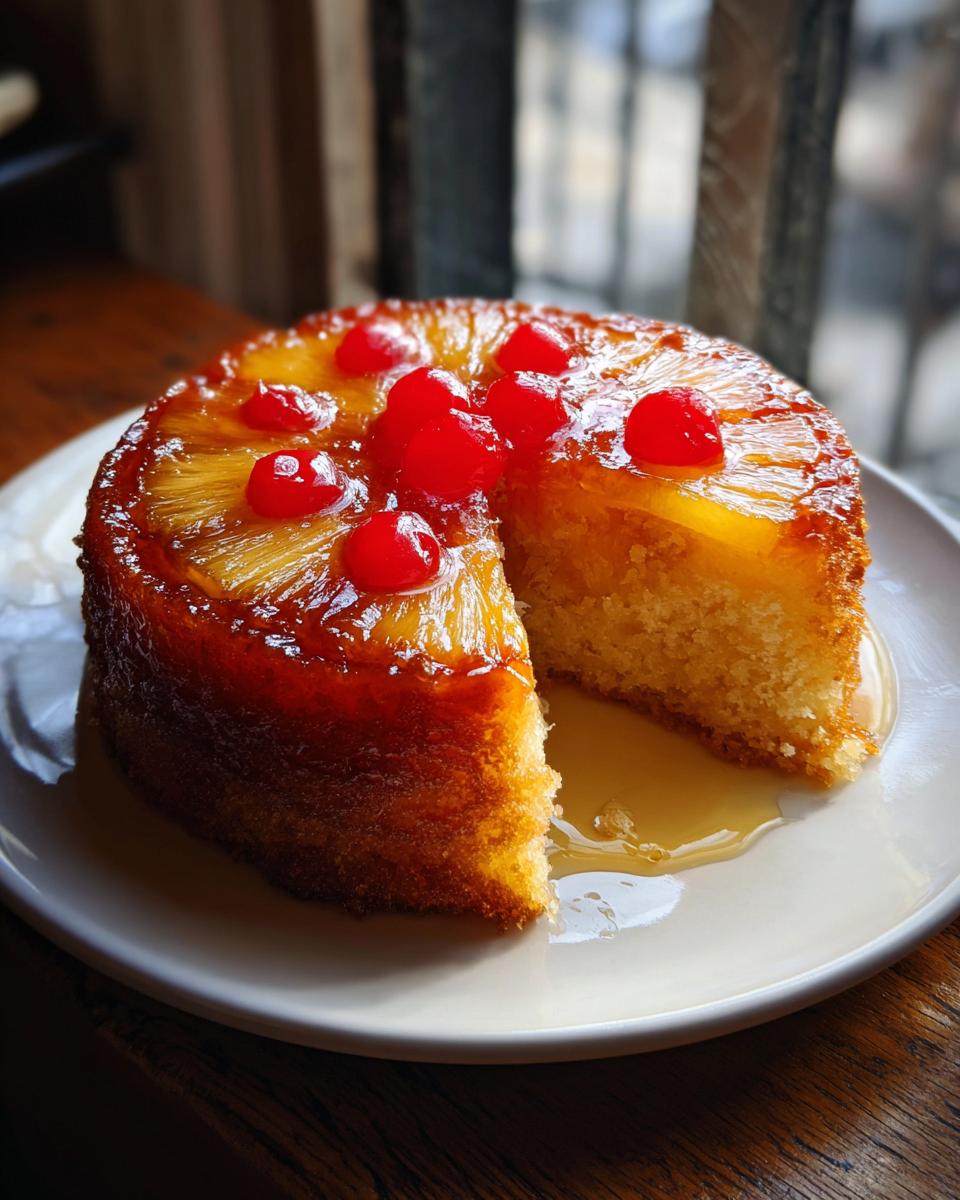A slice cut from a moist pineapple upside down cake, topped with caramelized pineapple rings and maraschino cherries.